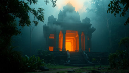 Mysterious temple in morning fog, Bali, Indonesiaの写真素材