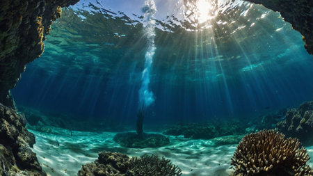 Underwater view of coral reef with fishes and sunlight. Tropical underwater landscape.の写真素材
