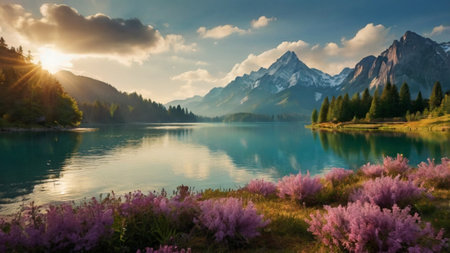 Panoramic view of alpine lake with blooming flowers in Dolomites, Italy