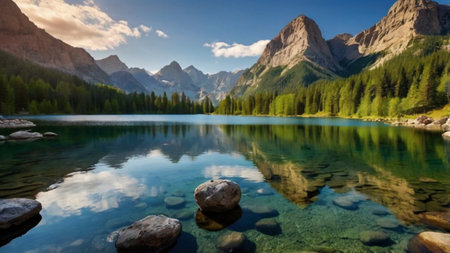 Panoramic view of Lake Braies, Dolomites, Italyの写真素材