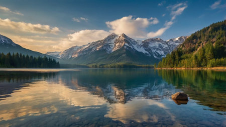Mountain lake with reflection in the water at sunset. Panorama.の写真素材