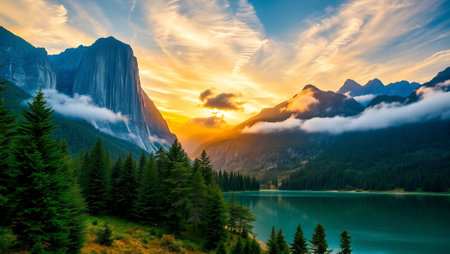 Sunset at Lake El Capitan, Yosemite National Park, California, USAの写真素材