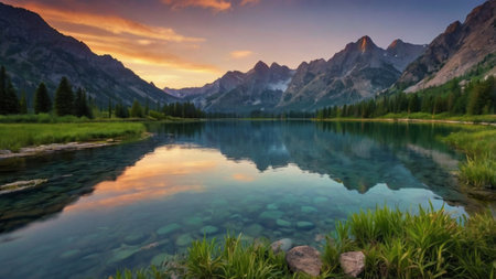 Panoramic view of lake at sunriseの写真素材