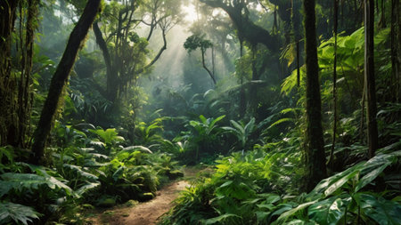 Tropical rainforest with sunbeams in the morning.