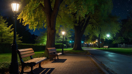 Bench in the park at night, illuminated by street lamps. Long exposure.の写真素材