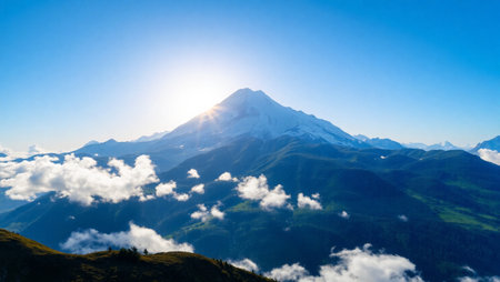 Panoramic view of Mount Kazbek in Caucasus mountains, Georgiaの写真素材