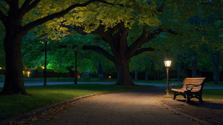 Bench in the park at night with lanterns and trees in the backgroundの写真素材