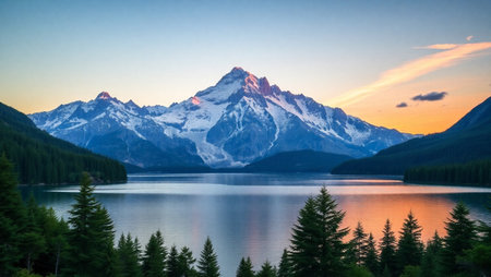 Sunrise over Lake Louise in Banff National Park, Alberta, Canadaの写真素材