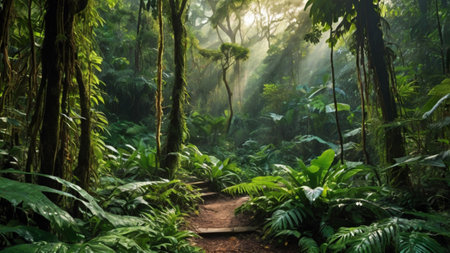 Beautiful tropical rainforest with fog and sunbeams