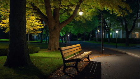Bench in the park at night with lanterns and maple trees.の写真素材