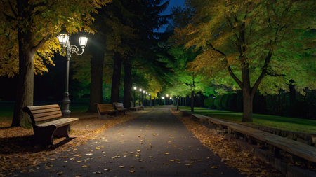 Park at night with lanterns, benches and fallen yellow leaves.の写真素材