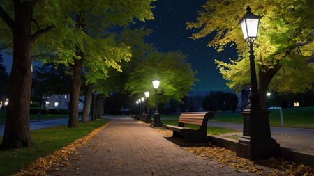 City park at night with lanterns, benches and trees in autumnの写真素材