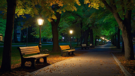 Bench in the park at night with lanterns, illuminated by street lamps.の写真素材