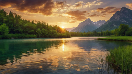 Panoramic view of the alpine lake and mountains at sunsetの写真素材