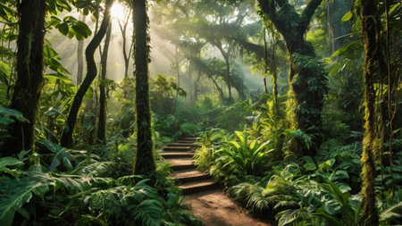 Beautiful green tropical rainforest in the morning. Nature background.