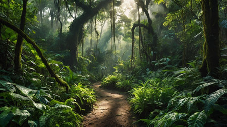 Path in the rainforest with misty trees and ferns