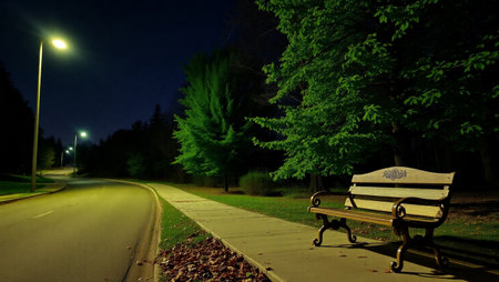 Bench on the road in the park at night with street lights.の写真素材