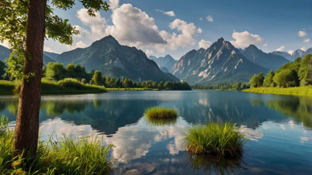 Beautiful summer landscape with lake and mountains in the background. Composition of nature.の写真素材