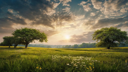 Landscape of meadow and trees at sunset. Nature composition.の写真素材