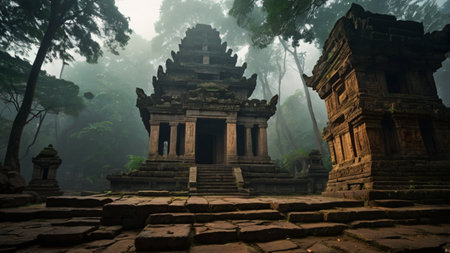 Ancient Hindu temple in the morning mist, Angkor Wat, Cambodiaの写真素材