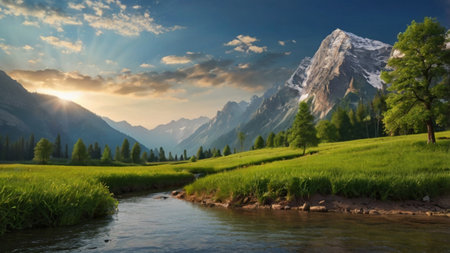 Mountain landscape with river and meadow. Panoramic view