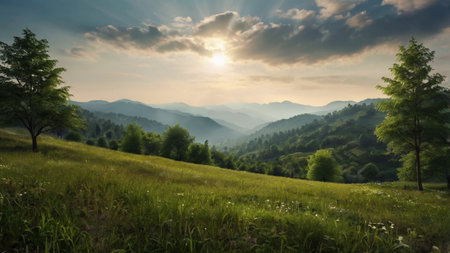 Beautiful summer landscape in the mountains at sunset. Panorama.の写真素材