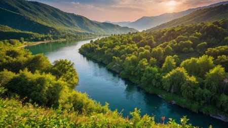 Panoramic view of the mountains and the river. Summer landscape.
