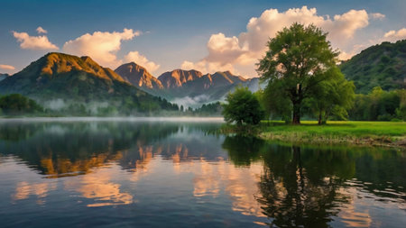 Beautiful summer landscape with lake and mountains on the background. Sunrise