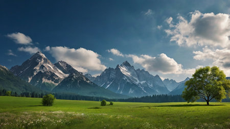 Beautiful panoramic view of the mountains and the meadowの写真素材