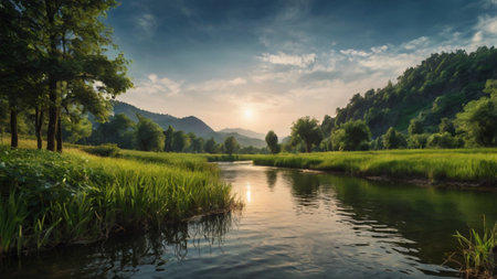 Sunset over the river in the mountains. Beautiful summer landscape.
