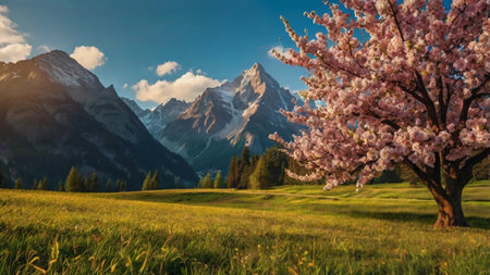 Mountain landscape with blooming cherry tree
