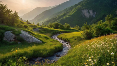 Beautiful summer landscape with mountain river and green meadow at sunset