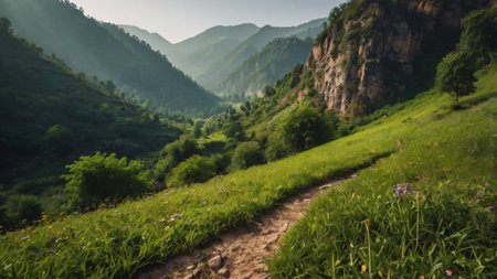 Hiking trail in the mountains in the morning. Beautiful summer landscape.の写真素材