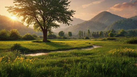 Sunset over the meadow with green grass and trees in the background