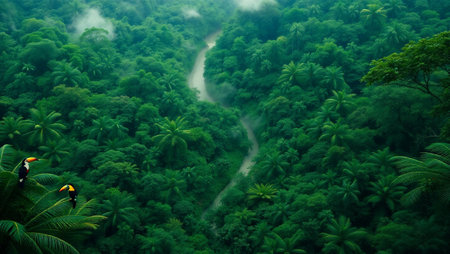 Tropical rainforest with a stream in the middle of the jungle