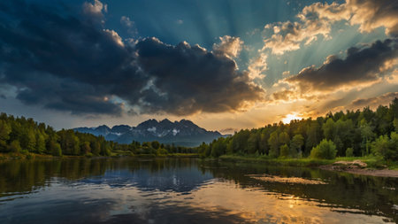 Sunset over the lake in Tatra National Park, Poland.の写真素材