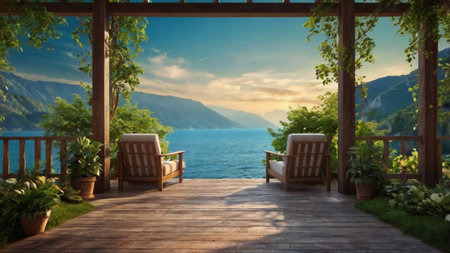 Wooden deck and chairs on the background of the sea and mountainsの写真素材