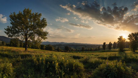 Sunset over a meadow with trees and mountains in the backgroundの写真素材