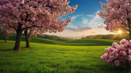 Spring landscape with blooming cherry trees and meadow at sunset.の写真素材