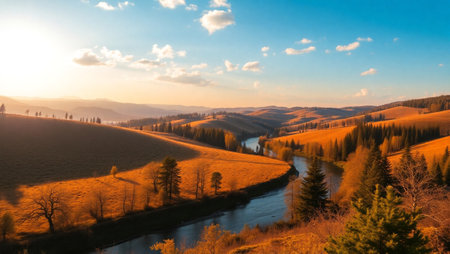 Beautiful sunset in the mountains. Landscape with river and forest.の写真素材