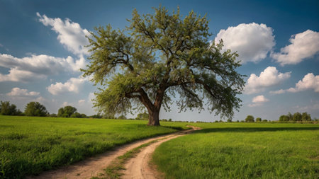Summer landscape with a big tree and a dirt road in the fieldの写真素材