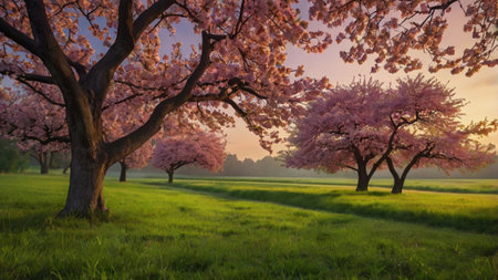 Beautiful cherry blossom trees on the field at sunset in spring