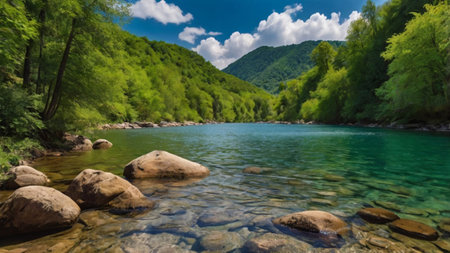 Panoramic view of a beautiful mountain river in the summer.