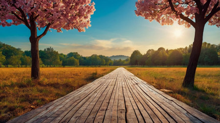 Wooden boardwalk in the field with cherry blossom trees.の写真素材