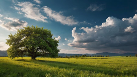 Beautiful summer landscape with big tree on meadow and cloudy sky