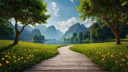 Beautiful summer landscape with a wooden path leading to the lake.の写真素材