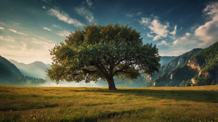 Beautiful summer landscape with lonely tree on meadow in mountains.