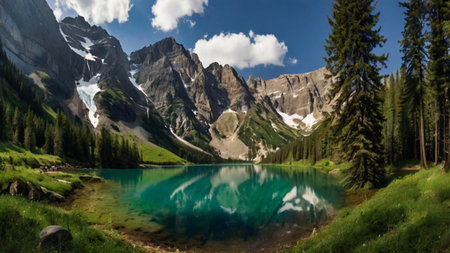 Panoramic view of the lake in the Alps, Switzerlandの写真素材