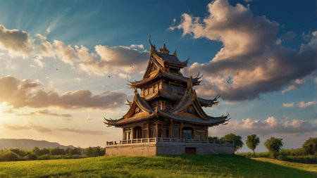 Old wooden building at sunset. Panoramic view of a wooden building with a beautiful sky.の写真素材