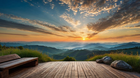 Wooden terrace on top of mountain at sunset, panoramaの写真素材
